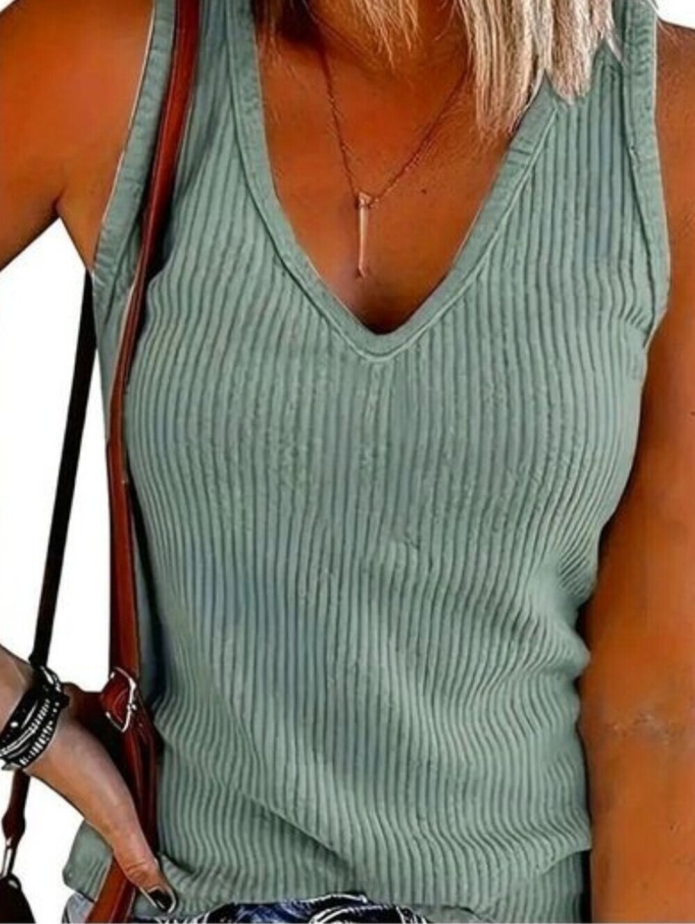 TRÏBE FASHIONS Sleeveless V Neck Green Ribbed Tank Top Size XL NWT